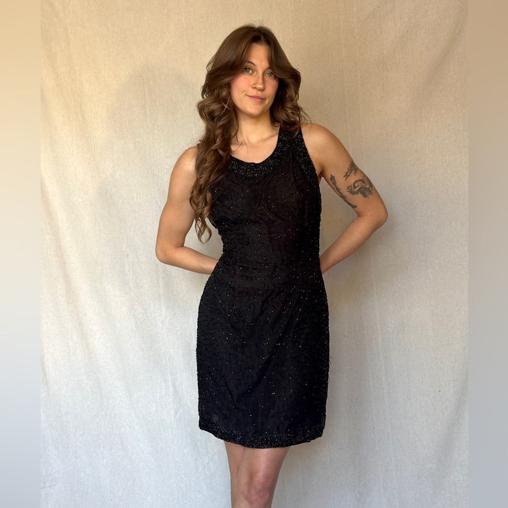 Vintage 90s LBD - Black Beaded Mini Silk Cocktail Wedding Dress - Picture 8 of 8